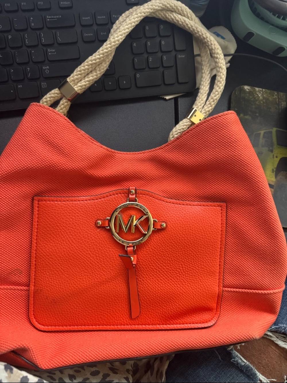 Michael Kors Bright Coral Tote with Rope Handles and MK Medallion